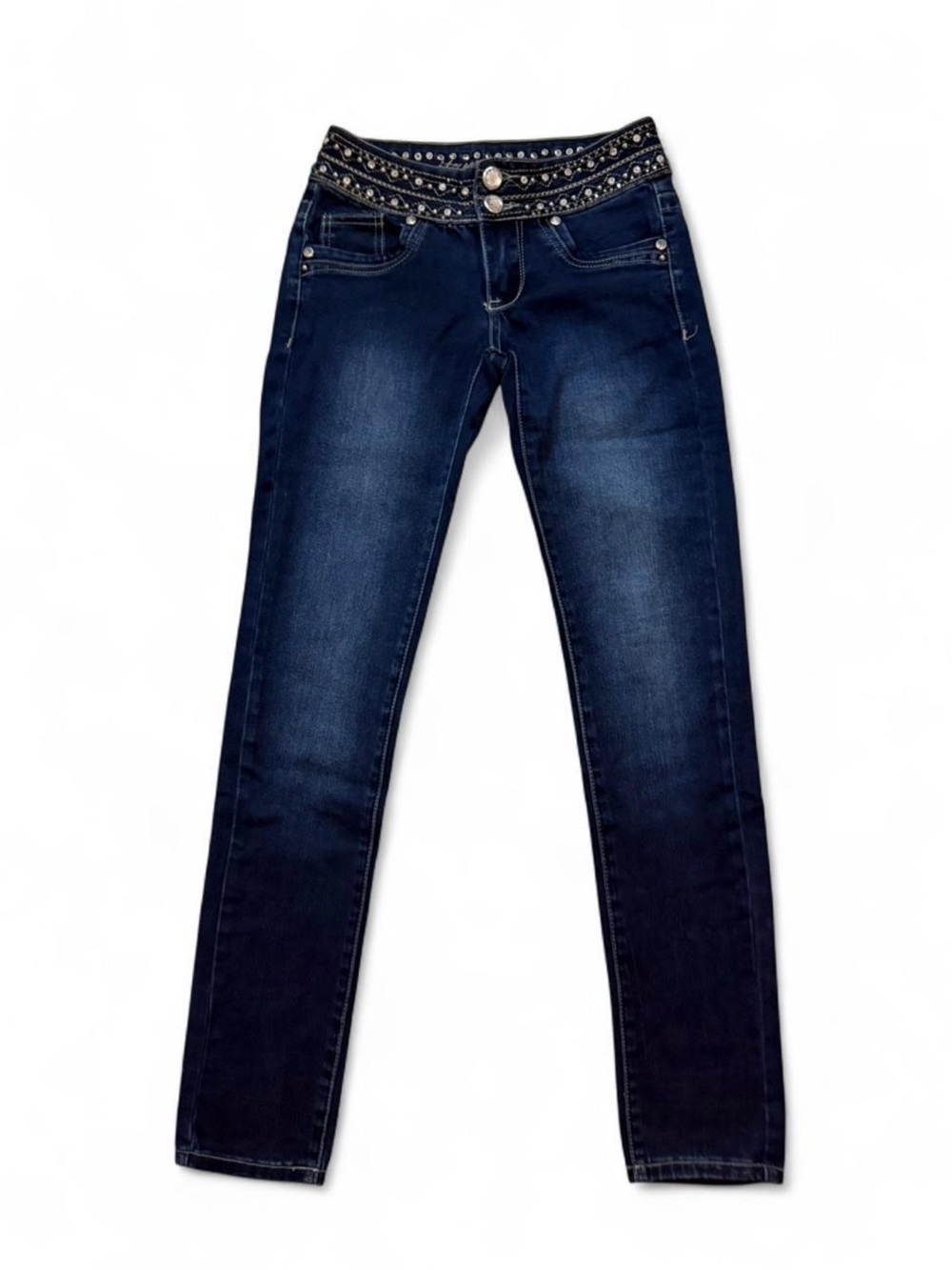 Itz Me Jeans Dark Wash Low Rise Skinny Jeans With Silver Rhinestone Silver Studs
